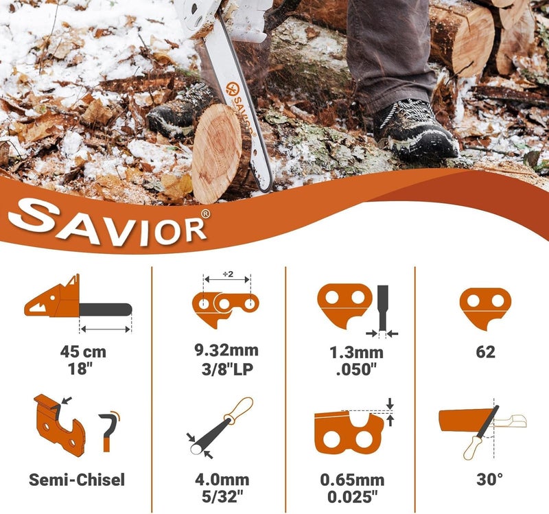 Savior S62 18 Inch Chainsaw Chain Replacement for EGO AC1800 / CS1800 / CS1803 / CS1804 Poulan Pro PR4218 / PP4218A / PP3516AVX Oregon CS1500 18-Inch Chainsaw -3/8"LP Pitch .050" Gauge 62 Drive Links - Image 2
